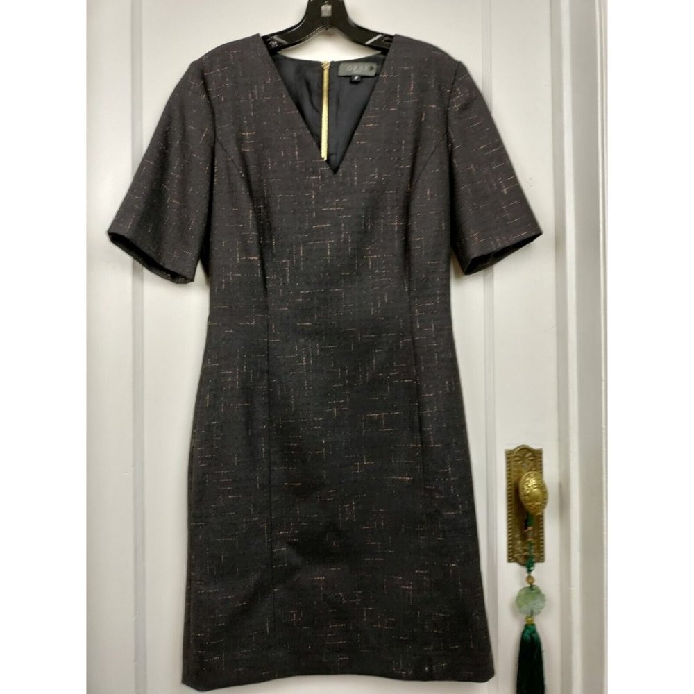 GRAY ASPEN Gorgeous Charcoal/Gold Thread Sheath Dress SIZE 8